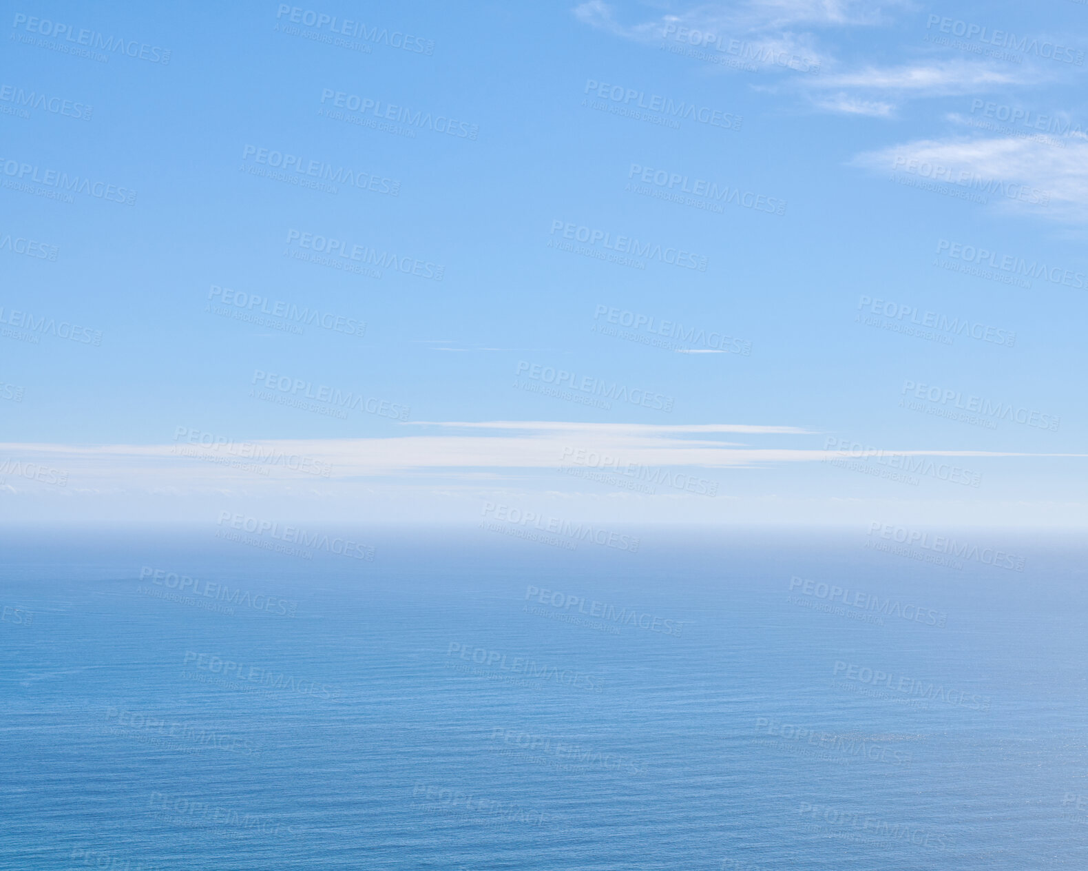 Buy stock photo Peaceful, calm and soft ocean view with empty sea, blue sky copy space and background in summer. Serene aerial landscape and copyspace of an open aqua surface seascape with light cloud on the horizon