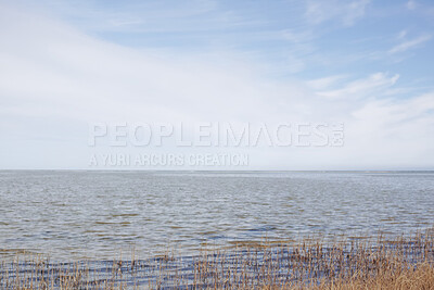Buy stock photo Landscape of sea, lake or lagoon against a sky background with copy space. Gulf with reeds and wild grass growing on empty coast in Norway. Peaceful, calm and beautiful fishing location in nature
