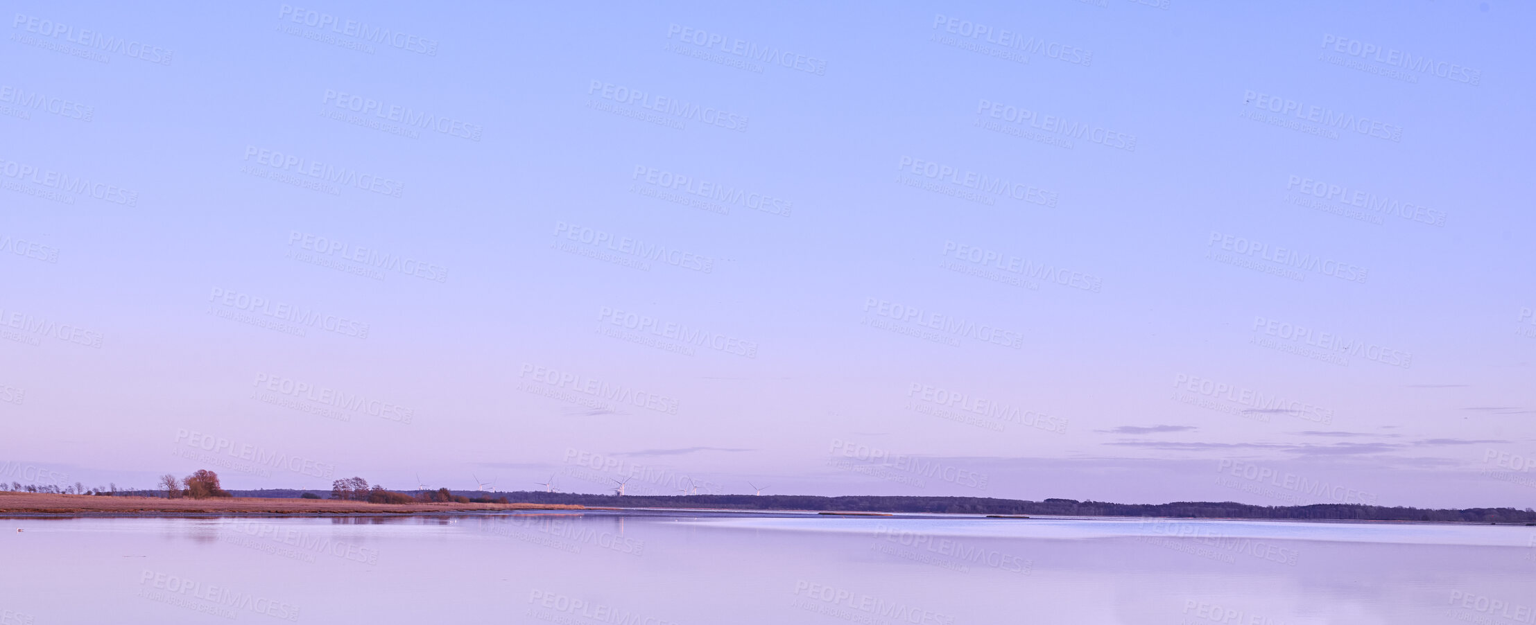 Buy stock photo Copy space, sea and ocean view with purple sky over calm, serene and peaceful beach. Landscape of relaxing, tropical and remote seascape on a coastal island. Summer vacation and holiday destination