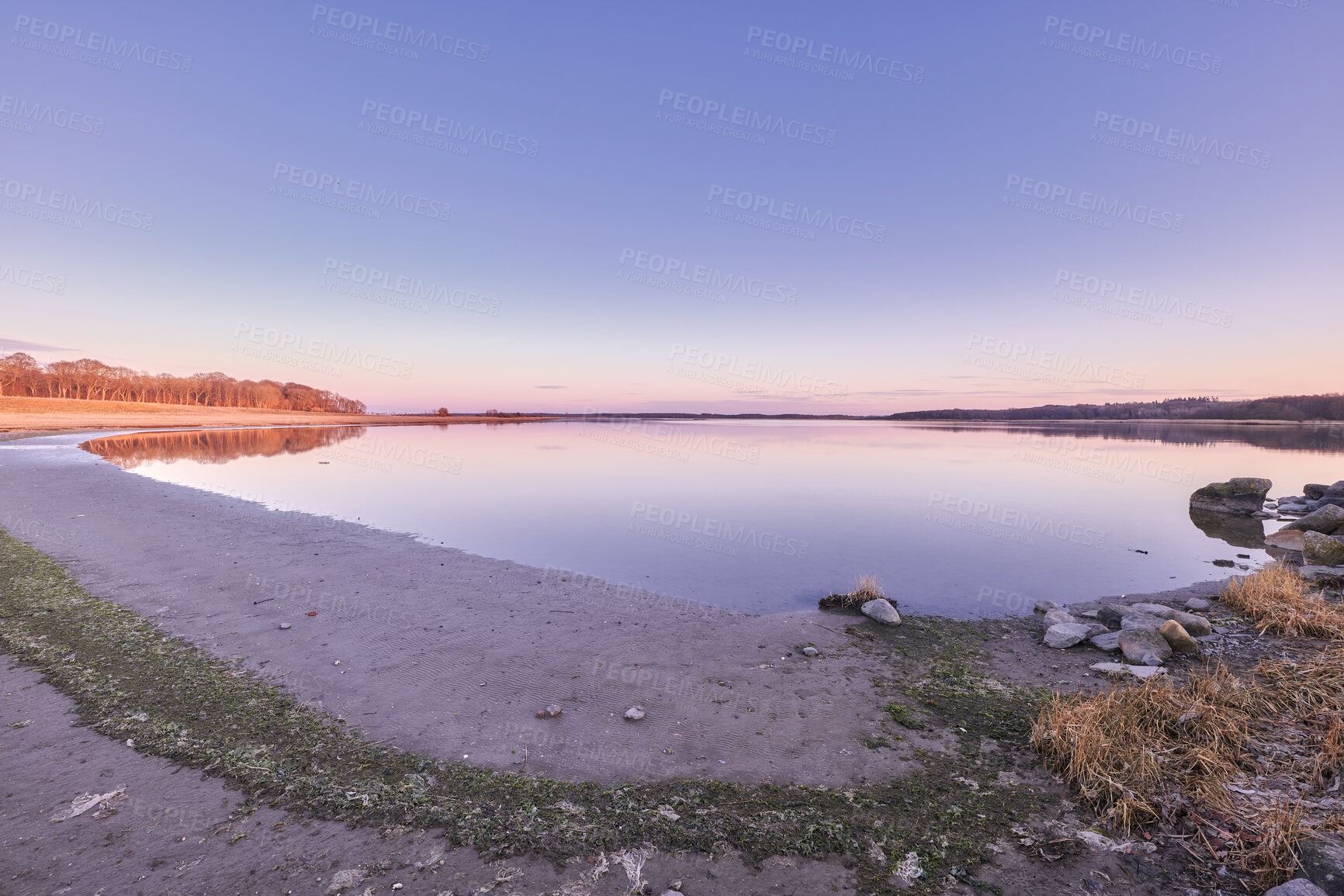 Buy stock photo Beautiful, fresh and colorful nature at sunset with calm water near forest. Still, gentle lake against a background of soft, twilight sky with lush green trees, horizon, copy space and relaxing view