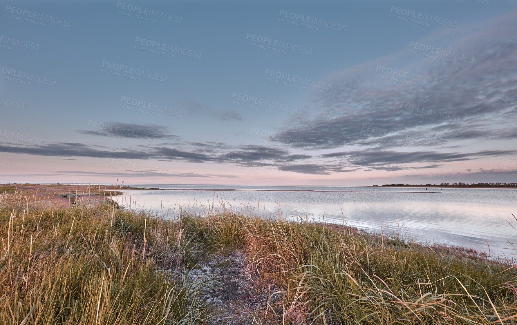 Buy stock photo Beautiful, peaceful and calm view of a lake side with green grass against a cloudy blue sky background. Scenic landscape of a peaceful pond with clean water in the morning