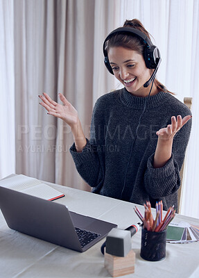 Buy stock photo Shot of a young teaching an online lesson with her laptop at home