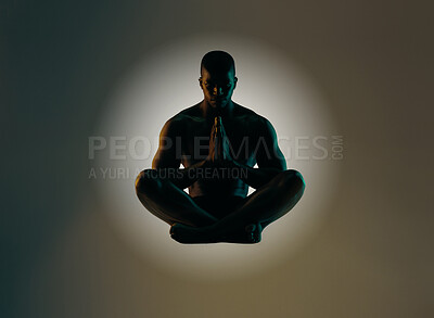 Buy stock photo Meditation art, silhouette or relax man meditate for spiritual mental health, chakra energy balance or soul healing. Zen mindset peace, mindfulness or shadow model float isolated on studio background