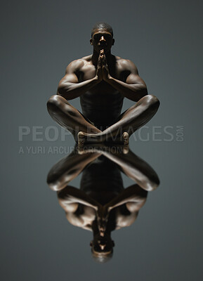 Buy stock photo Black man, yoga and meditation art with mirror reflection on dark background for spiritual wellness. Portrait of naked, nude or bare African American male model sitting and meditating in symmetry