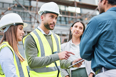 Buy stock photo Teamwork, architecture and tablet with people on construction site for planning, building and project management. Industrial, technology and engineering with contractors for designer and inspection