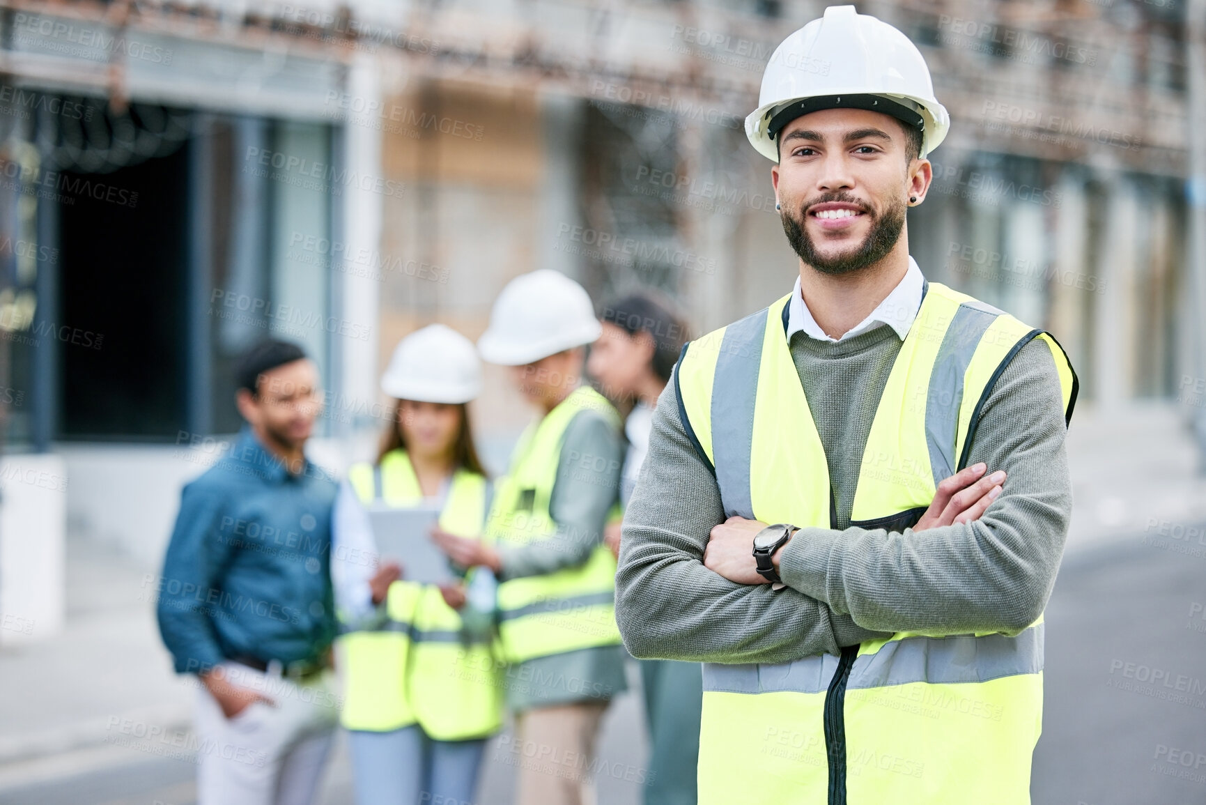 Buy stock photo Man, outdoor and construction with smile on portrait for building project, contract or property development. Engineer, people and teamwork or collaboration on infrastructure, renovations and happy