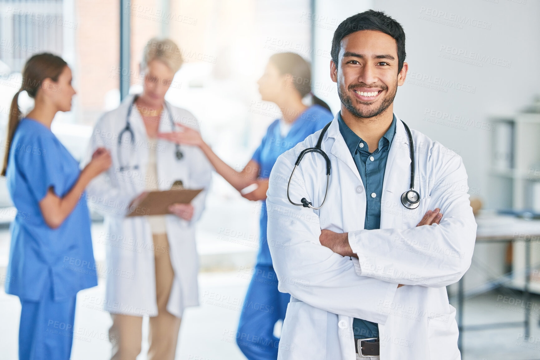 Buy stock photo Doctor, portrait and happy man with arms crossed in hospital, clinic or support of surgery team. Cardiology, surgeon and consulting person with trust in expert advice, service or pride in healthcare