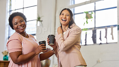 Buy stock photo Laugh, woman colleagues and talking with coffee, portrait and fashion designer in workspace. Laugh, communication and cup for coworkers and gossip, office and tailor with small business owner