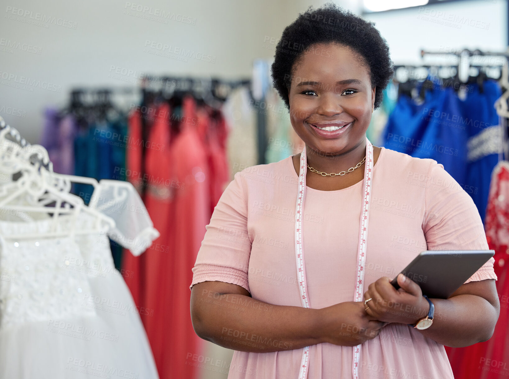 Buy stock photo Fashion, designer and tablet with portrait of black woman in boutique store for clothes, entrepreneur or creative. Small business, textile and seamstress with female employee for ecommerce and sewing