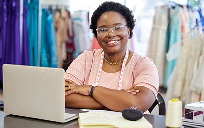 Buy stock photo Fashion designer, laptop and portrait of black woman in workshop for online order, planning or clothing collection. Creative, tech and person with tape measure for seamstress, sketch or tailor