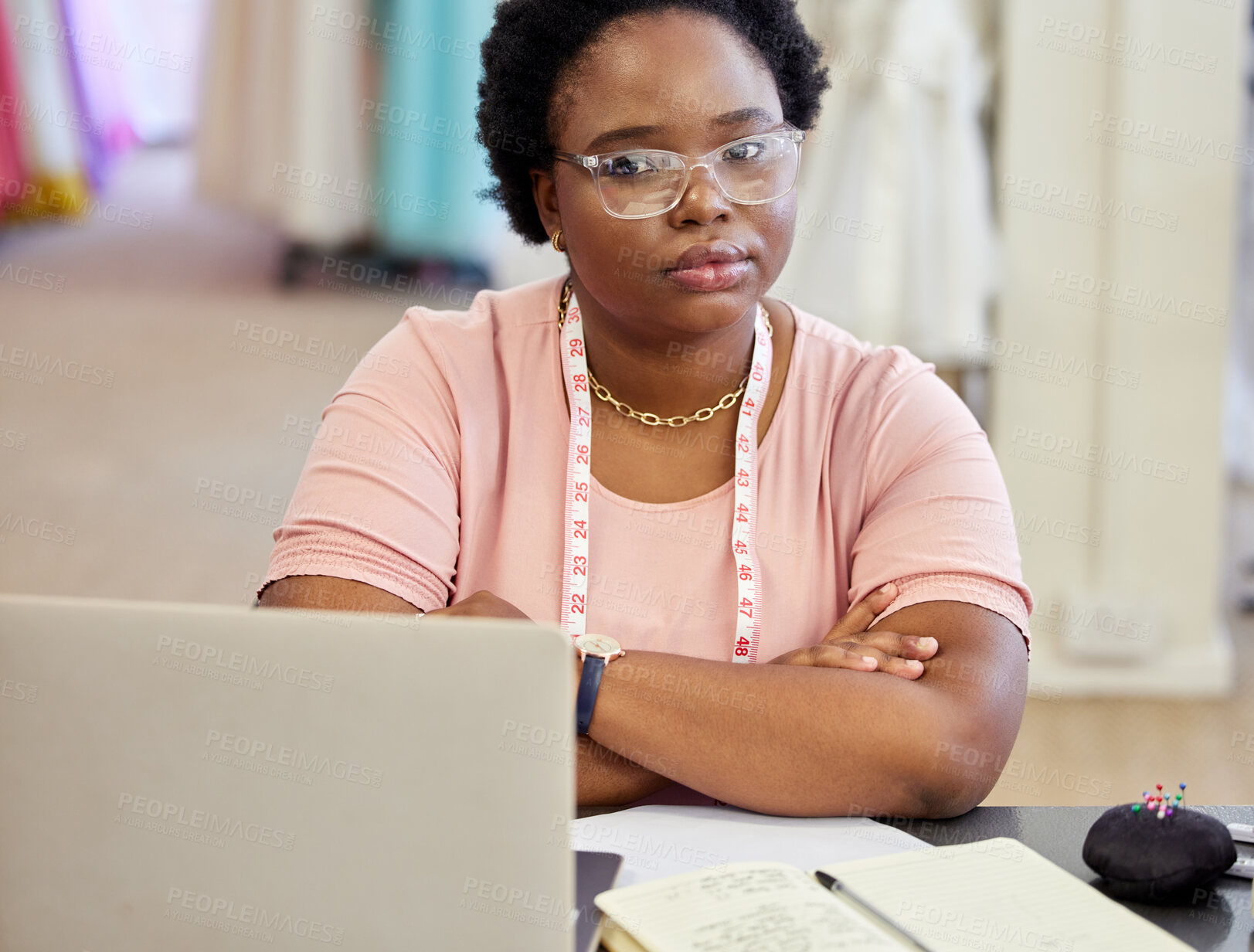 Buy stock photo Fashion designer, laptop and portrait of black woman in retail store for online order, planning or clothing collection. Creative, tech and person with tape measure for seamstress, notebook or tailor 