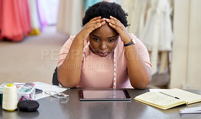 Buy stock photo Stressed, black woman and designer for sewing in workshop for tired, anxiety and crisis with design for deadline of retail production. Frustrated, tailor and pain for creative burnout, doubt of idea