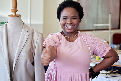 Buy stock photo Portrait, seamstress and black woman with thumbs up, promotion and review with startup, skills and fashion. African person, face or dressmaker with hand gesture, thank you and icon for like or symbol