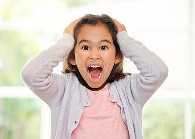 Buy stock photo Child, scream and portrait with horror, anxiety and angry from bad news and divorce announcement. Home, yell and shouting from youth problem, tantrum and stress from autism symptoms with noise