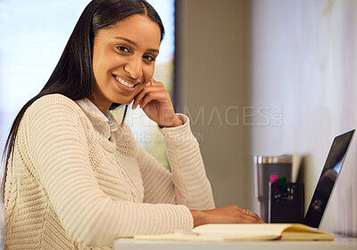 Buy stock photo Home, portrait and woman with laptop, student and studying with scholarship, research and project. Face, apartment and girl with computer, notebook and education with knowledge and prepare for exams