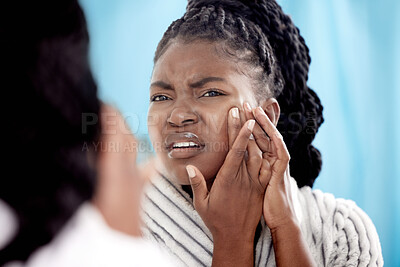 Buy stock photo Mirror, acne problem and black woman in bathroom for with beauty crisis, morning routine and check skin health. Gen z girl, hands and blackhead on face with dermatology and upset for hormonal pimple