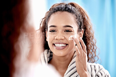 Buy stock photo Woman, mirror and skincare cream in bathroom for morning shower with natural beauty, skin glow and confidence. Happy girl, reflection and facial lotion in home with dermatology, relax and self care