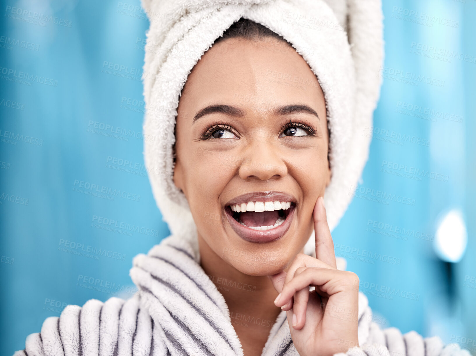 Buy stock photo Woman, thinking and natural skincare in bathroom with ideas for morning shower, cotton towel and skin glow. Female person, smile and thoughts in home for dermatology inspiration and beauty aesthetic