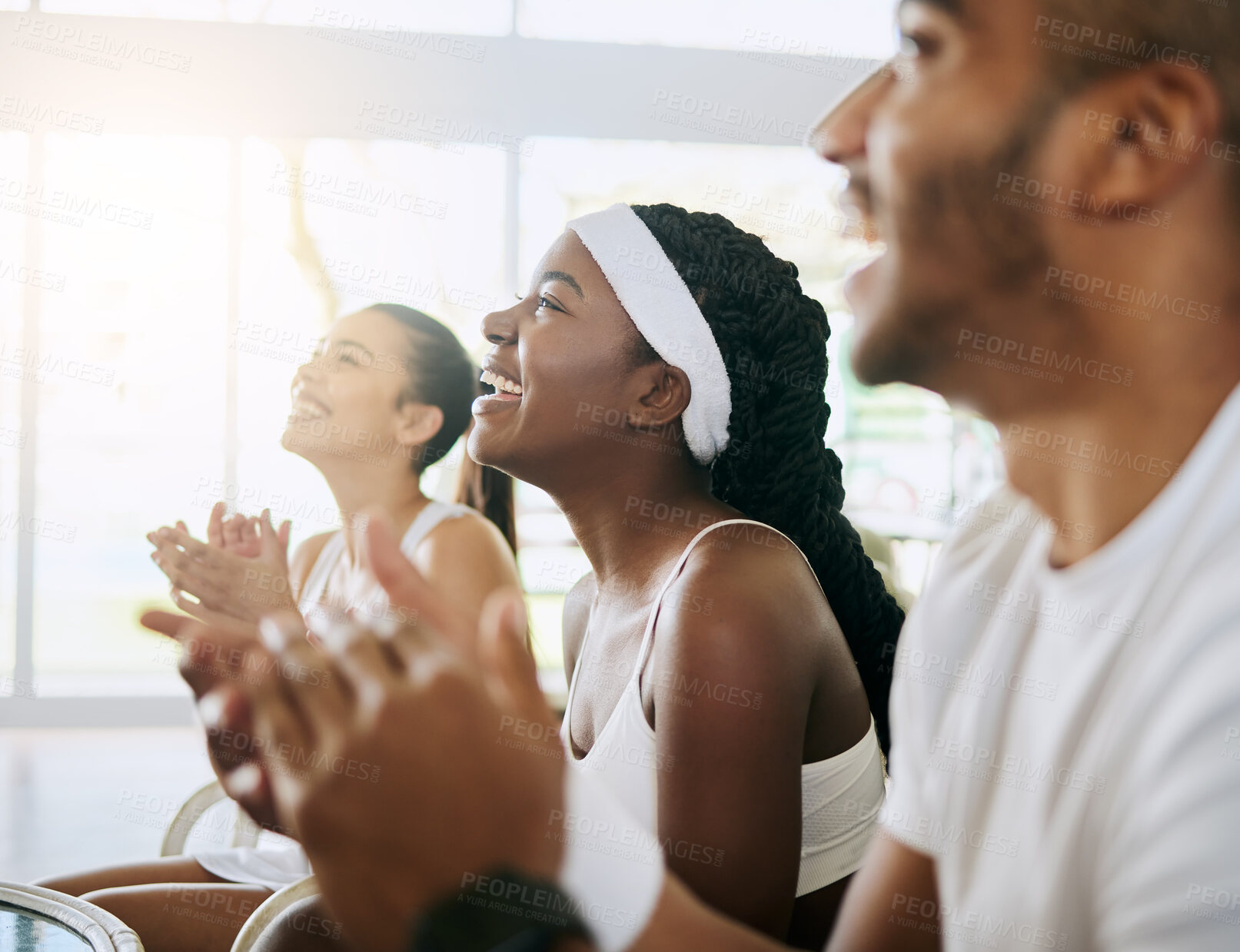 Buy stock photo Cropped shot of three young tennis players clapping during their awards ceremony