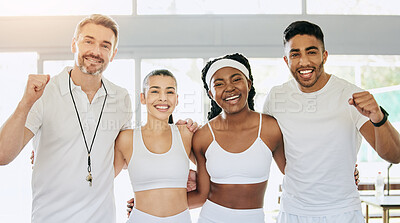 Buy stock photo Cropped portrait of three young tennis players and their coach cheering while standing in the clubhouse