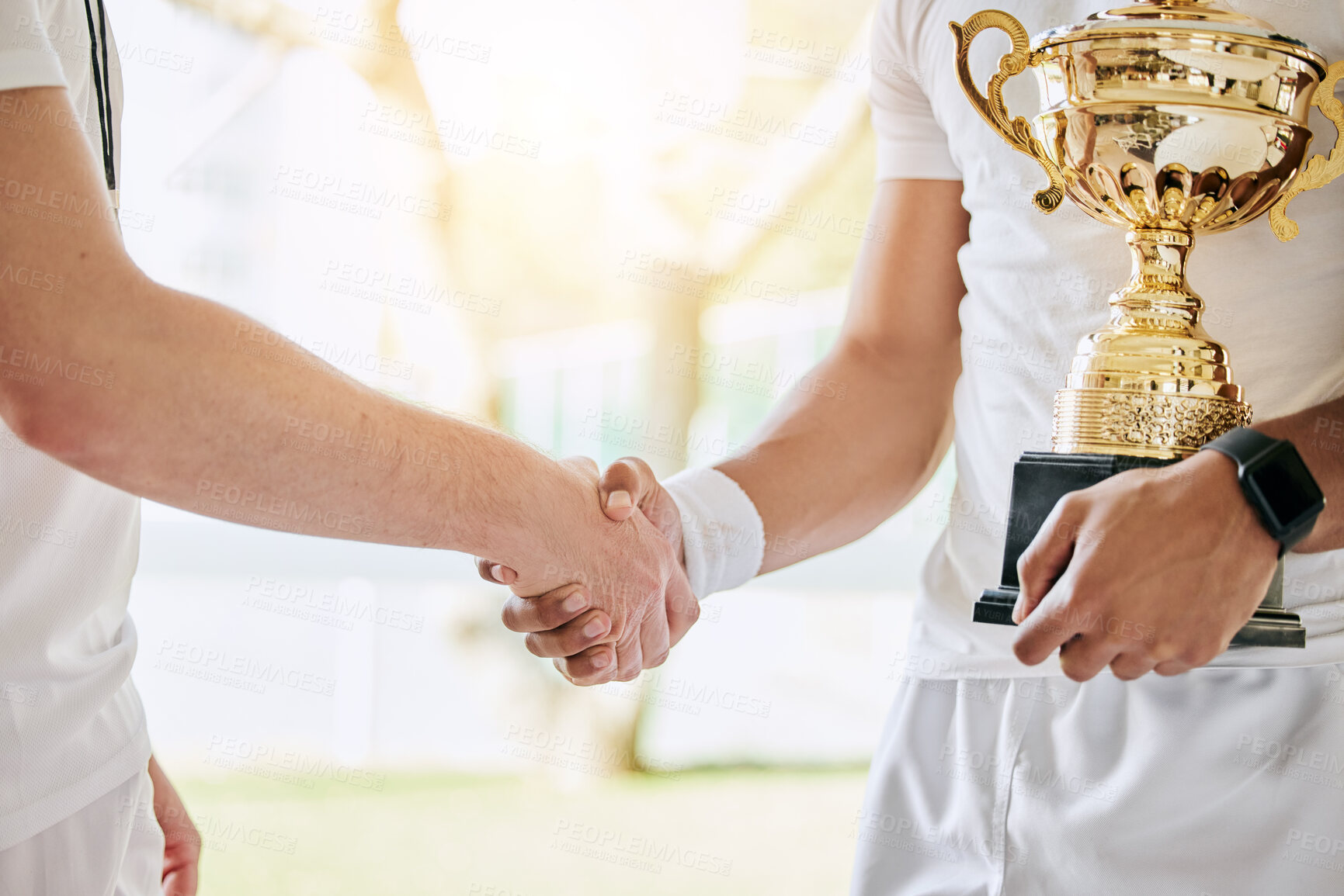 Buy stock photo Handshake, sport and people with trophy for winning, success and congratulations on victory. Shaking hands, fitness and thank you for game with champion with award, reward and prize for competition