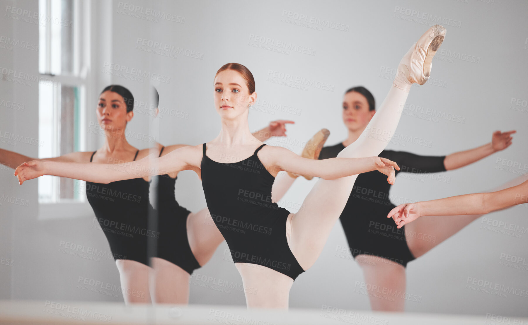 Buy stock photo Girl, team and ballet dancer with mirror for performance, stretching body or practice together in studio. Young group, female person or ballerina in pose or reflection for warm up, lesson or class