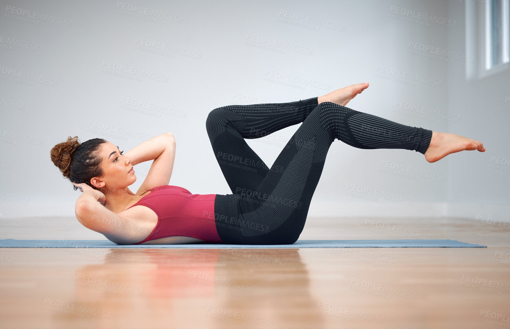 Buy stock photo Crunches, woman and fitness with exercise, training and wellness with balance, yoga mat and warm up. Person, healthy girl and athlete with workout, endurance and commitment to routine, body and hobby