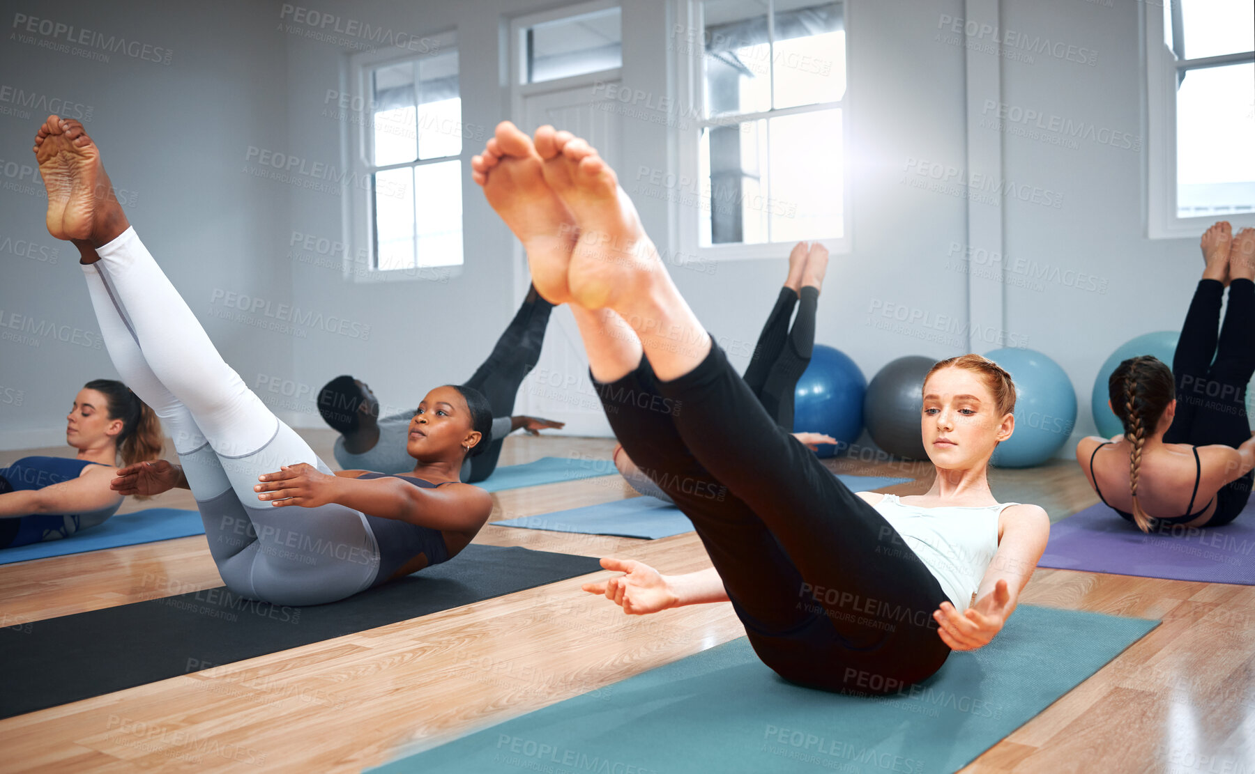 Buy stock photo Exercise, class and group for core workout in gym, diversity and together for pilates training. People, strong abdomen and fitness in studio for wellness, yoga challenge and body crunch for posture