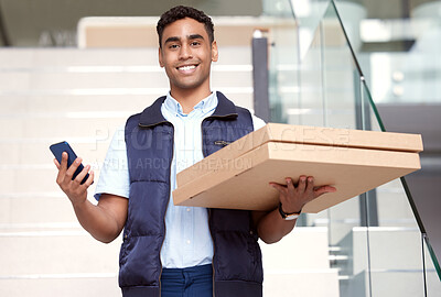 Buy stock photo Portrait, office and delivery man with pizza, smartphone and smile with service, digital app and connection. Face, person and employee with mobile user, supply chain and cellphone for internet or job