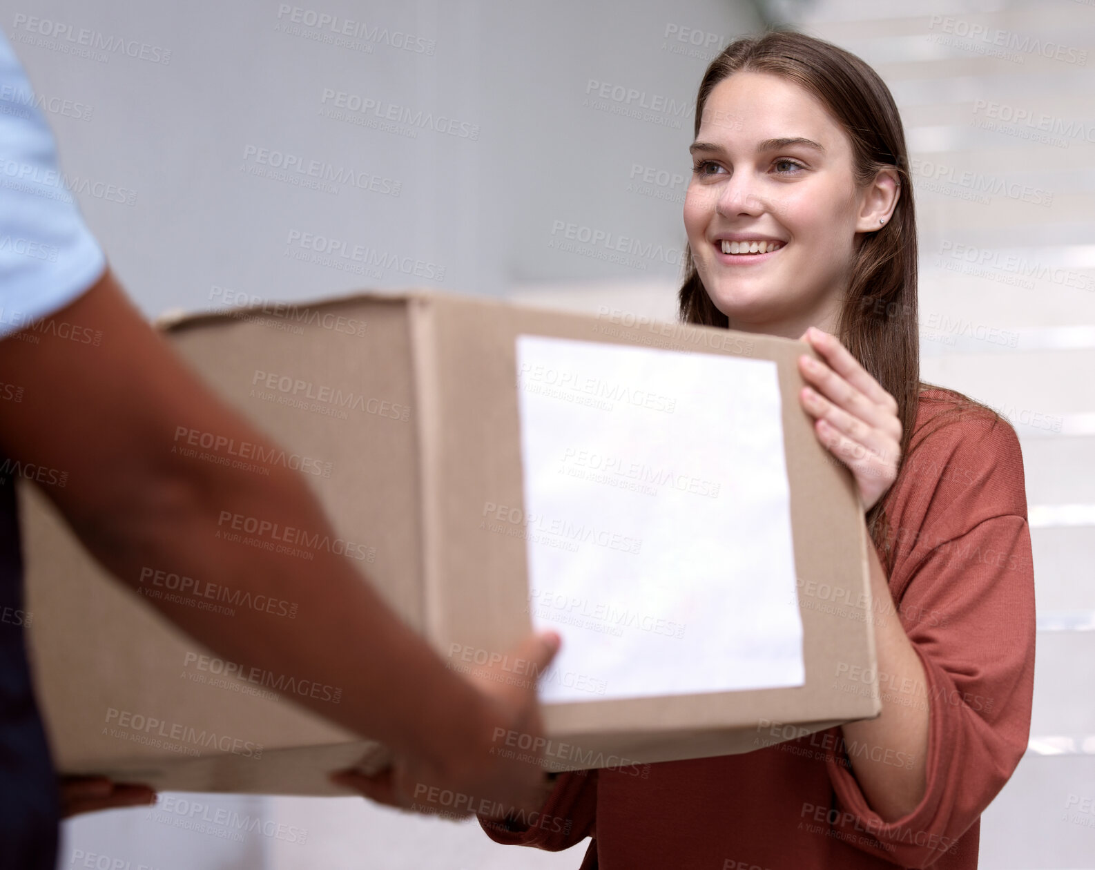 Buy stock photo Home, box or happy woman with delivery person in house for ecommerce, distribution or shipping stock. Online shopping, mail or customer with supply chain worker for retail, sale or product package