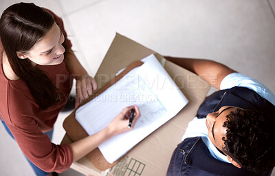 Buy stock photo Top view, courier and woman with a delivery, signature and shipping with products, ecommerce and box. Female person, customer or employee with a package, parcel or signing with document and clipboard