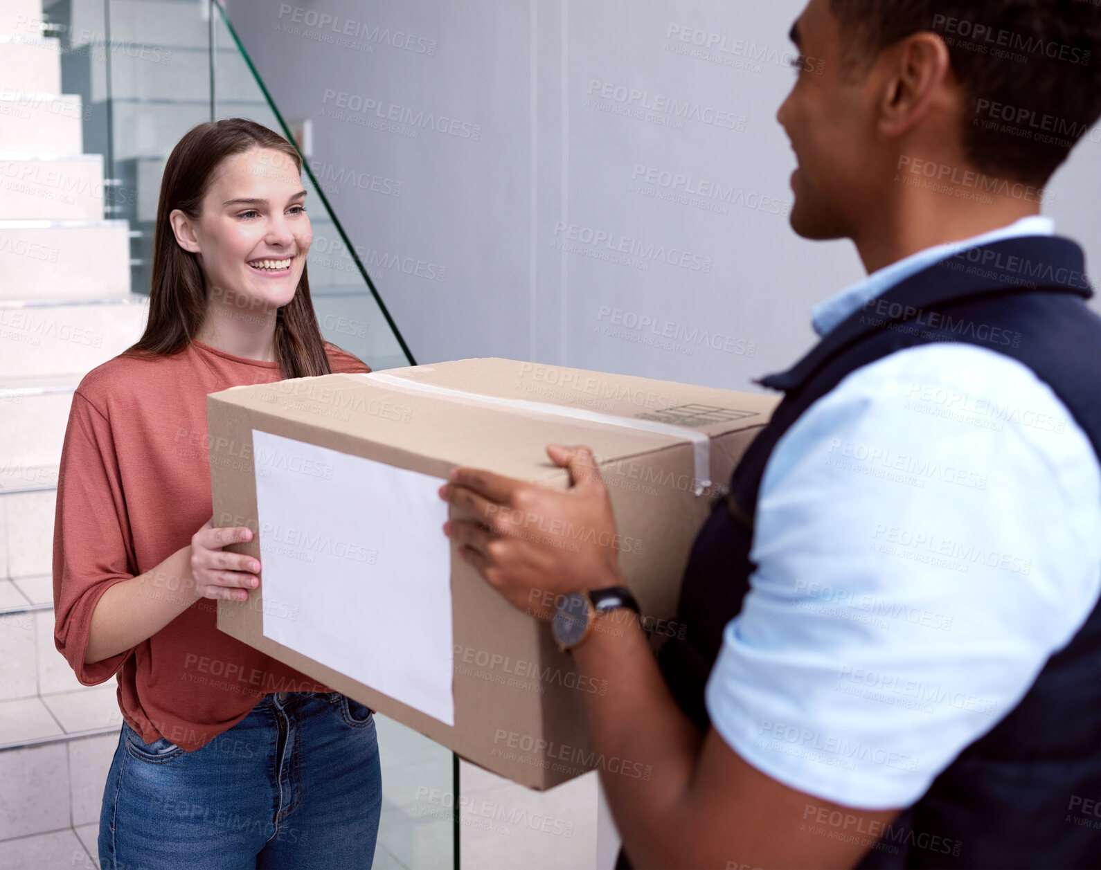 Buy stock photo Home, box or happy girl with delivery man in house for ecommerce, distribution or shipping stock. Online shopping, mail or customer with supply chain worker for retail, sale or product transportation