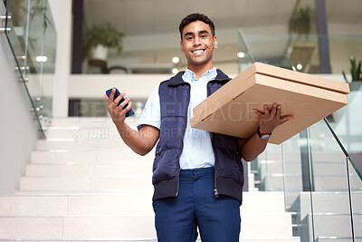 Buy stock photo Portrait, office and delivery man with pizza, cellphone and smile with service, takeaway or connection. Boxes, person or employee with mobile user, supply chain or smartphone with digital app or food