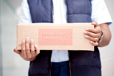 Buy stock photo Delivery person, package or box with product, stock or cargo for ecommerce, retail or online shopping. Cardboard, service employee or courier professional with parcel for distribution and shipping