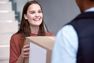 Buy stock photo Home, box or woman with delivery man in front door for ecommerce, distribution or shipping stock. Online shopping, mail or customer with supply chain worker for retail, sale or product transportation