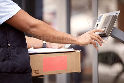 Buy stock photo Delivery person, package and intercom with product, stock or cargo for ecommerce, retail or online shopping. Cardboard, service employee or courier professional with box for distribution and shipping