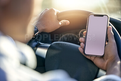 Buy stock photo Screen, cellphone and hands of person in car for navigation, map and direction to location while driving. Driver, search and smartphone for connection, destination and route discover in vehicle