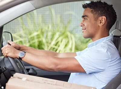 Buy stock photo Happy man, delivery or driver in car with box, smile or package for product in commercial shipping. Business, ready or courier worker in freight industry, supply chain or trailer on road for service