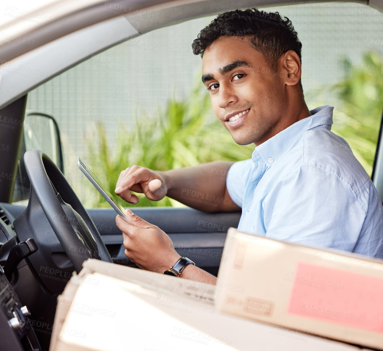 Buy stock photo Portrait, tablet and a man courier in a van searching for directions to a location or address for shipping. Ecommerce, logistics and supply chain with a young male driving a vehicle for delivery