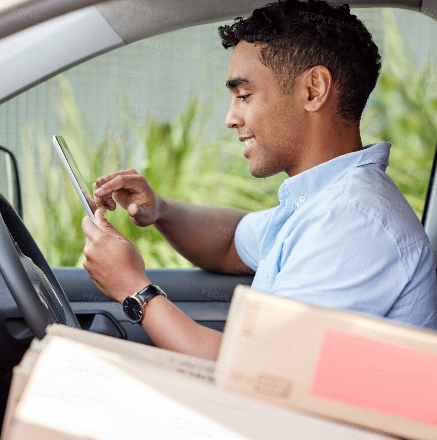 Buy stock photo Courier, driver in car with tablet, smile and boxes, checking location, order or online map for logistics. Service, happy delivery man in van with package or box, online for digital logistic schedule