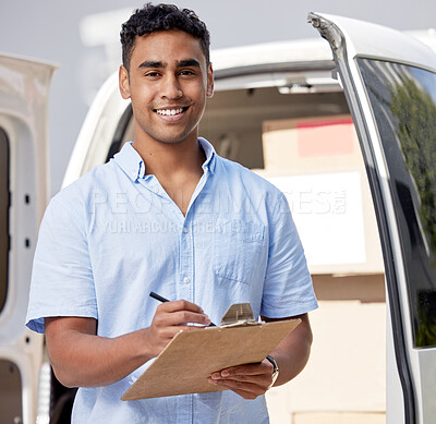 Buy stock photo Writing, van or portrait of delivery man with box, smile or package for commercial shipping business. Outdoor, checklist or courier driver with clipboard for cargo, distribution service or logistics