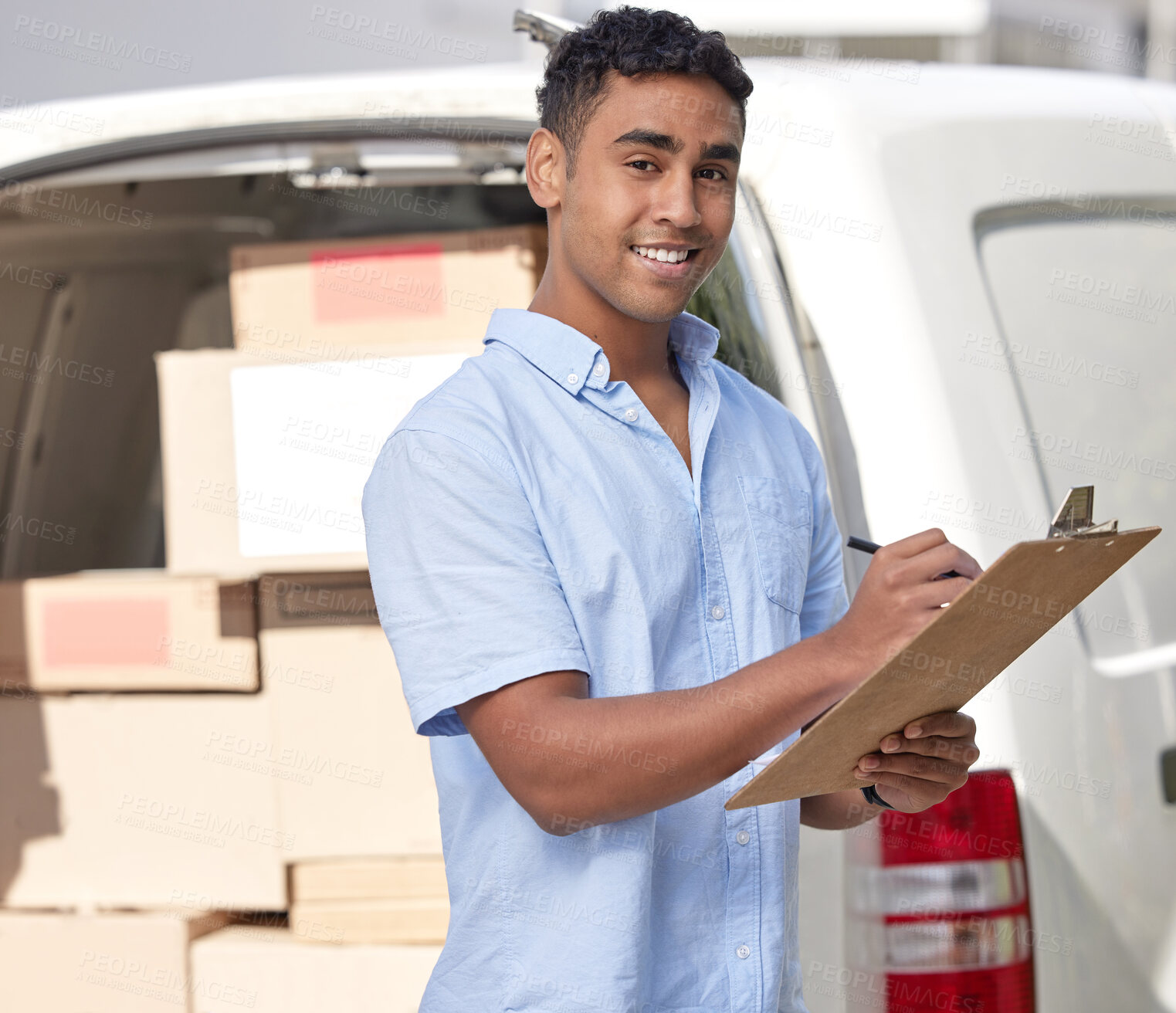 Buy stock photo Writing, checklist or portrait of delivery man with van, smile or package in commercial shipping business. Outdoor, order or courier driver with clipboard for cargo, distribution service or logistics