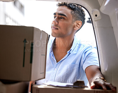 Buy stock photo Thinking, clipboard or delivery man with van, box and package in commercial shipping business. Invoice, product and courier driver with checklist for cargo ideas, distribution service or logistics