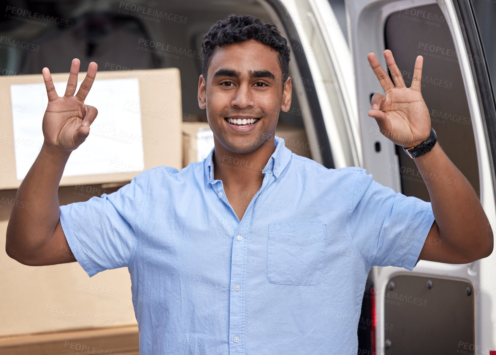 Buy stock photo Portrait, perfect sign or delivery man with van, shipping company and opinion with smile and service excellence. Supply chain, happy and courier review with okay hand gesture with cardboard package