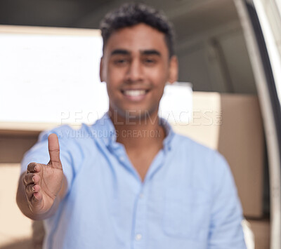 Buy stock photo Van, transport or delivery man with handshake, boxes or packages for shipping, trust or distribution. Welcome, greeting or blur of happy courier worker shaking hands for logistics deal partnership