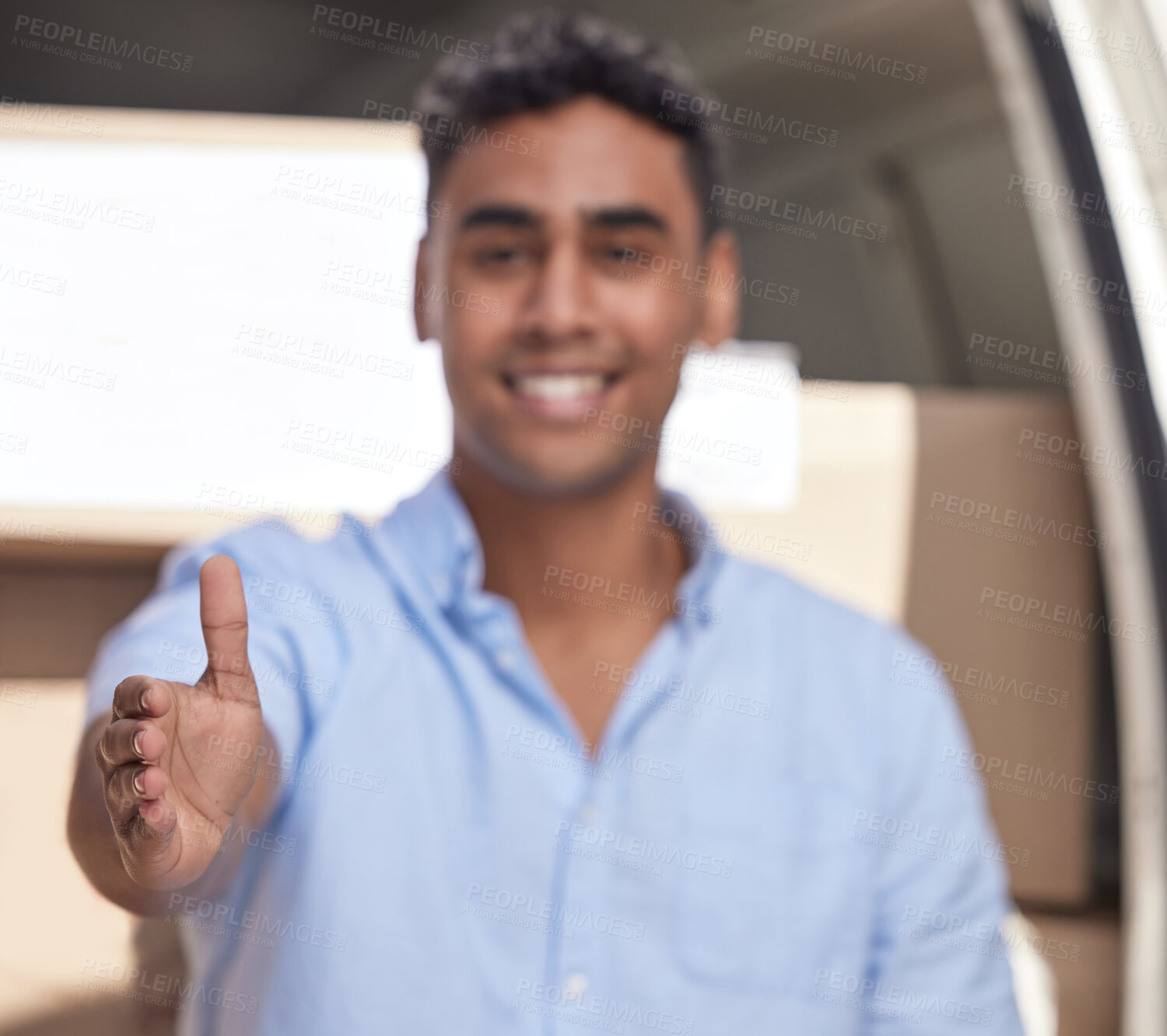 Buy stock photo Van, transport or delivery man with handshake, boxes or packages for shipping, trust or distribution. Welcome, greeting or blur of happy courier worker shaking hands for logistics deal partnership