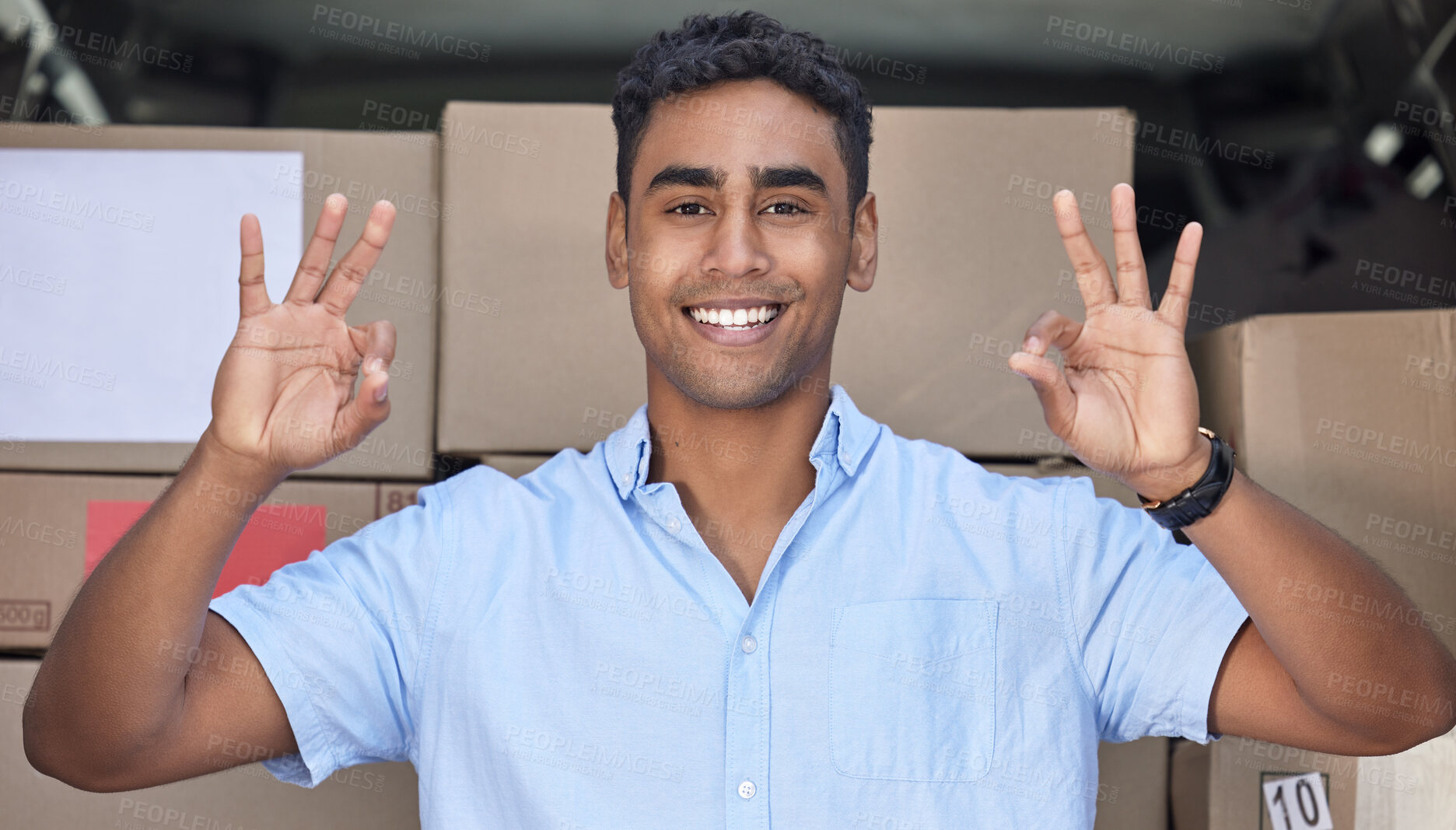 Buy stock photo Portrait, ok and delivery man with sign for shipping, logistics and success in distribution. Face, okay and happy courier with hand gesture for review, vote or feedback for quality service excellence