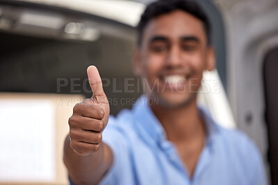 Buy stock photo Hand, thumbs up or delivery man with van, shipping company and opinion with smile or service excellence. Supply chain, blur and happy courier review with okay gesture with box order or cargo package