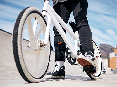 Buy stock photo Rider, legs of person and riding bicycle for hobby, daily activity and cycling for fun. Outside, street or boy and cyclist on a bike for exercise, leisure time or freedom for playing with biker