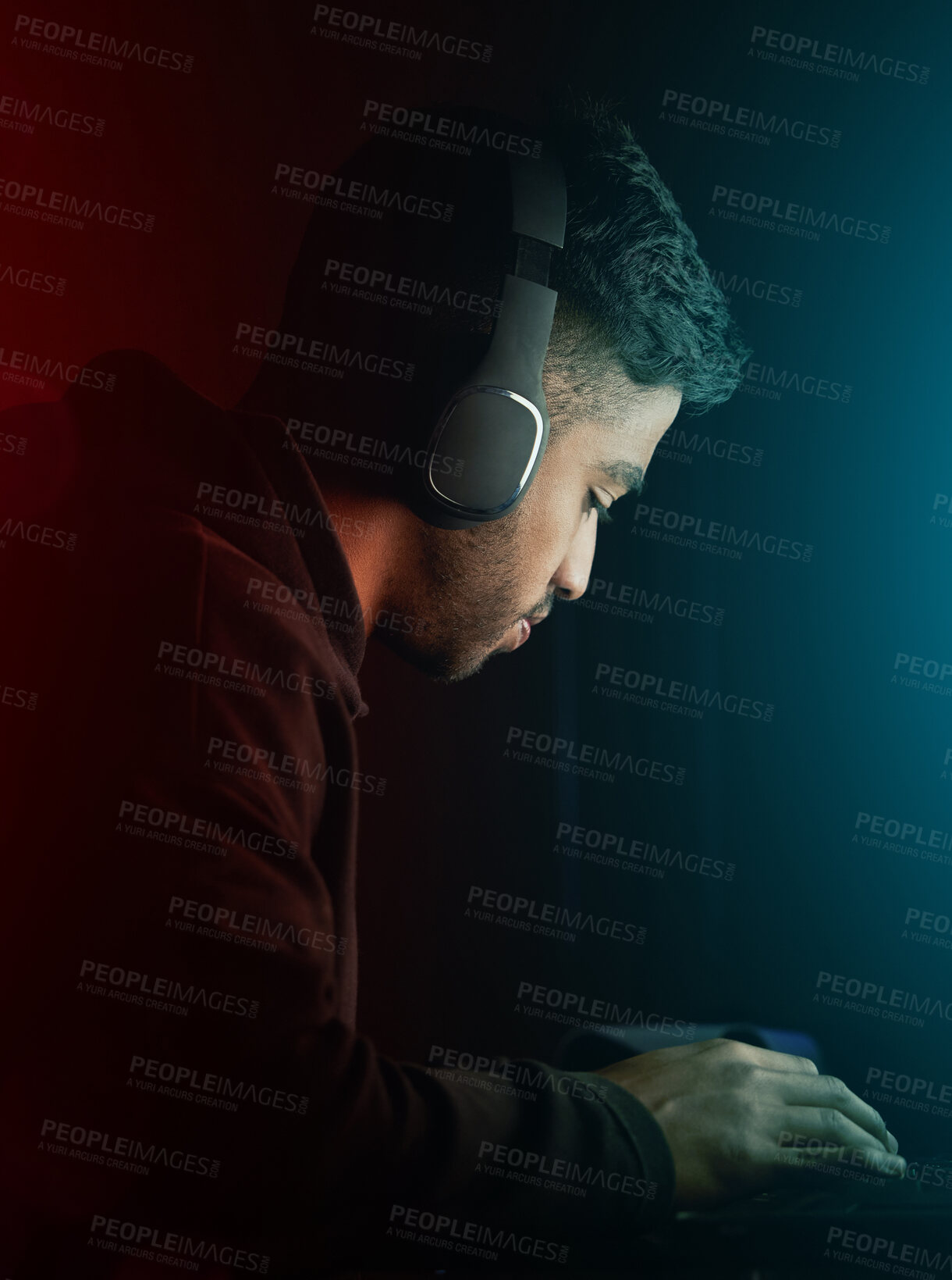 Buy stock photo Esports, man and gamer on computer at night for competition in rpg video games or virtual challenge. Gaming, nerd and hacker typing in dark for cyber contest in home with neon light or tech mockup